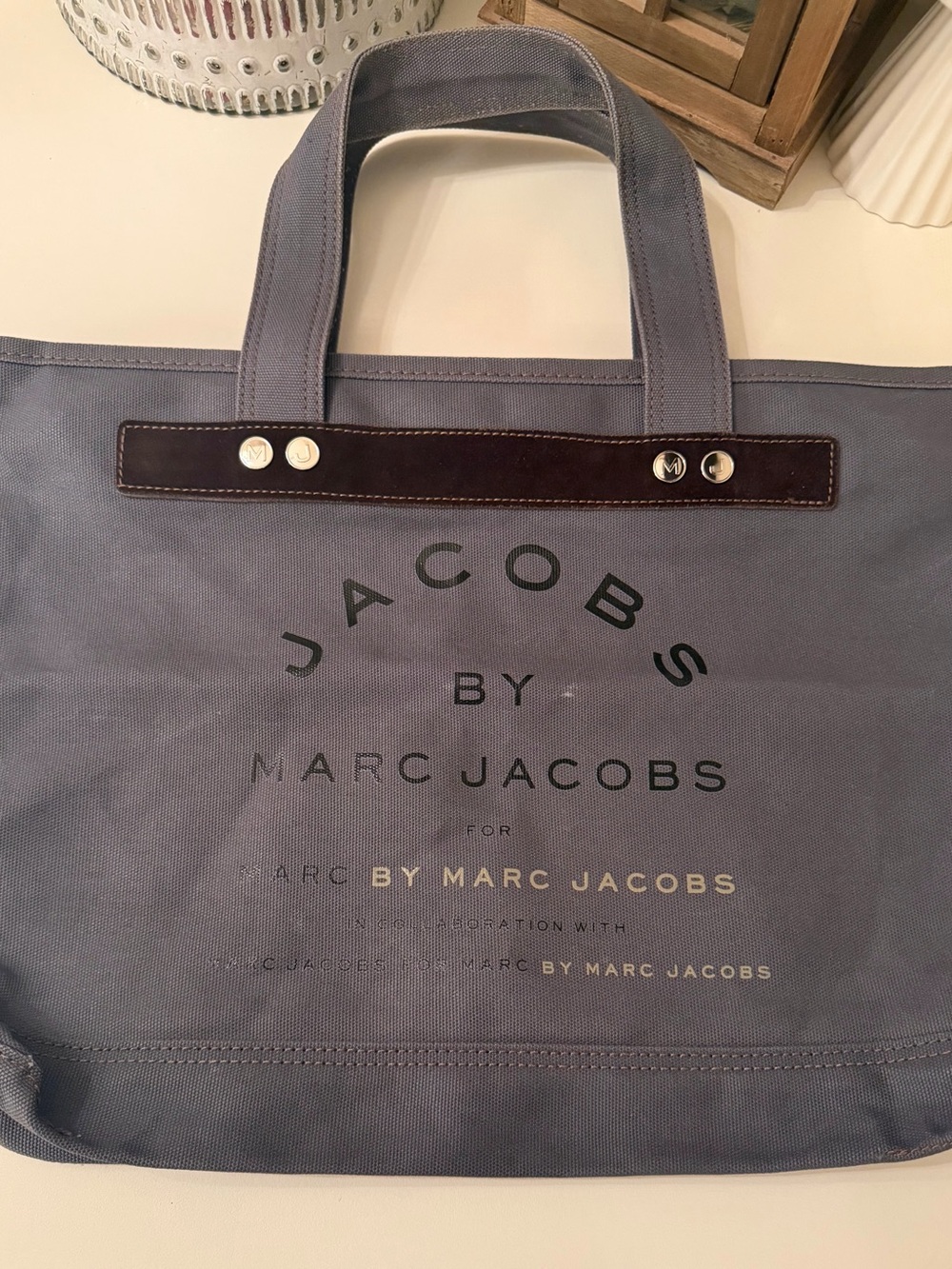 Marc Jacobs Vintage Y2K Distressed Canvas Tote Bag in Grey w Suede Accents NWOT